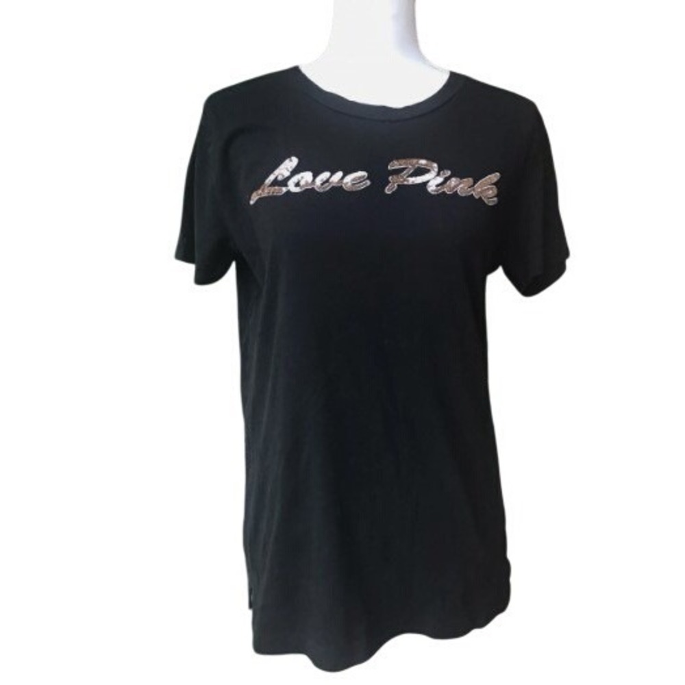Victoria's Secret PINK T-Shirt Womens Small Black Sequin Love Pink